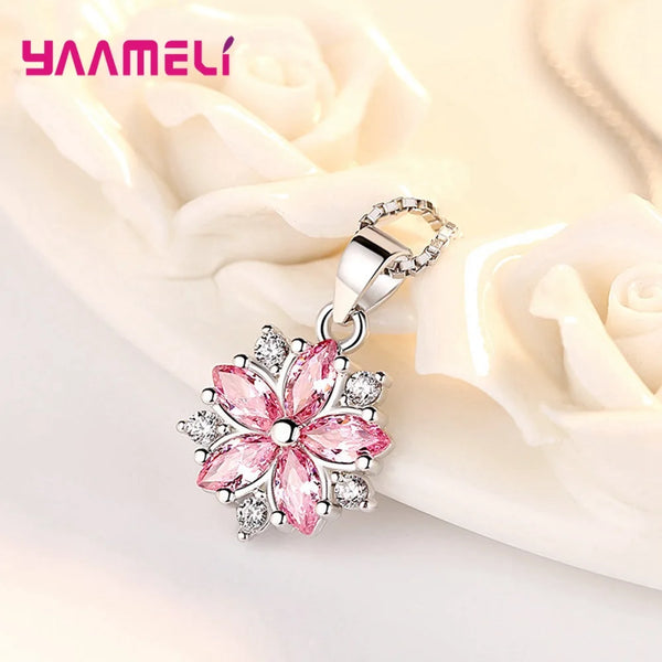 S925 Sakura Flower Pendant Necklace Pink Cubic Zircon Charm with