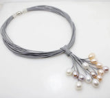 Pink Purple Freshwater Pearl Pendant Necklace Leather Cord Magnet Clasp