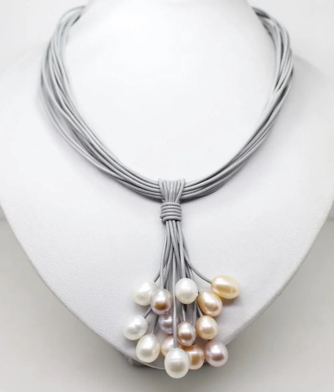 Pink Purple Freshwater Pearl Pendant Necklace Leather Cord Magnet Clasp