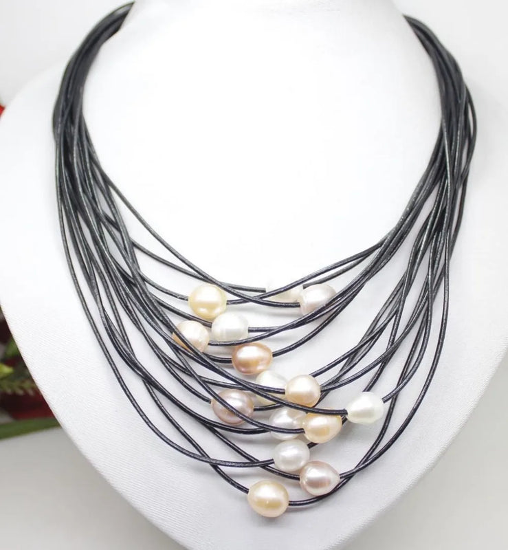 Real Freshwater Pearl Pendant Necklace Leather Cord Magnet Clasp