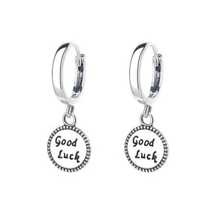 925 Silver Retro Round Letter Good Luck Dangle Earrings