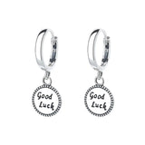 925 Silver Retro Round Letter Good Luck Dangle Earrings