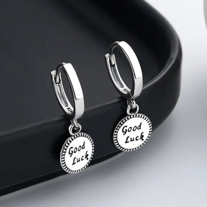 925 Silver Retro Round Letter Good Luck Dangle Earrings