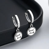 925 Silver Retro Round Letter Good Luck Dangle Earrings