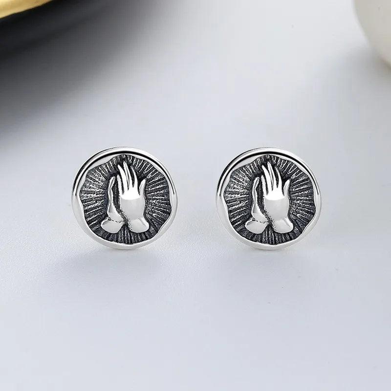 ZFSILVER S925 Silver Retro Pray Double Hands Earrings Charms