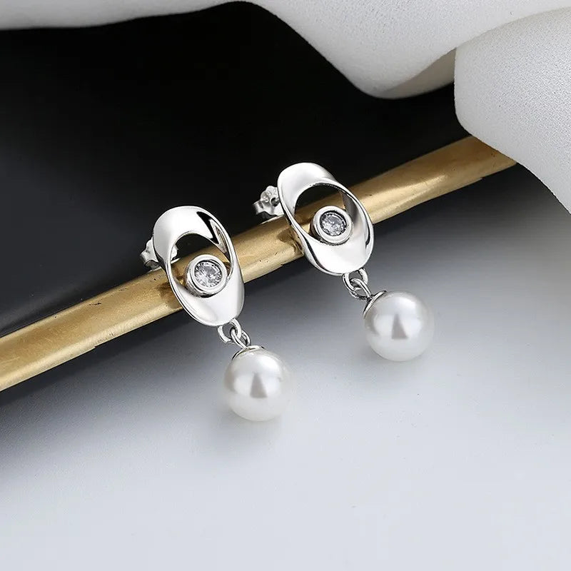 ZFSILVER S925 Silver Zircon Pearl Dangle Earring Charm Jewelry Party Girl Women