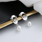 ZFSILVER S925 Silver Zircon Pearl Dangle Earring Charm Jewelry Party Girl Women