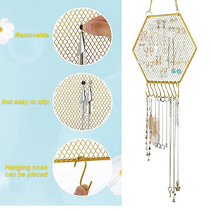 Hexagon Metal Grid Shape Earring Holder Wall Hanging Jewelry Display Stand