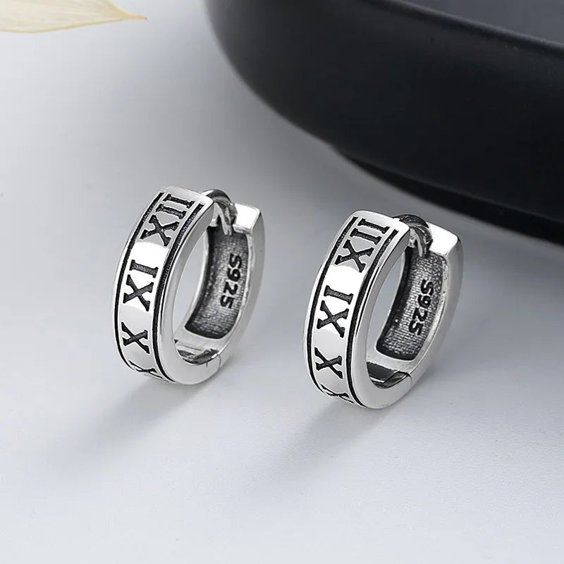 ZFSILVER S925 Silver Roman Numerals Circle Earrings Charm Jewelry