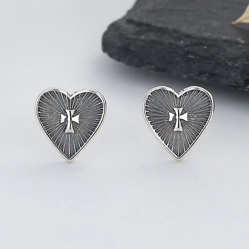 ZFSILVER S925 Silver Retro Totems Cross Heart Earring Charms