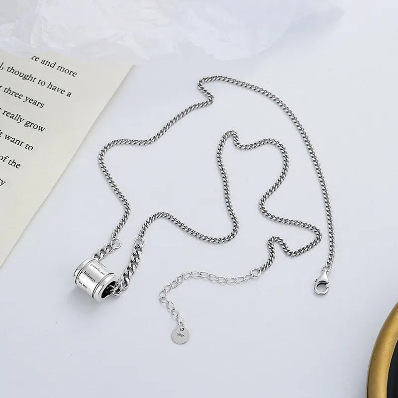 925 Sterling Silver Retro Matto Word Tank Chain Cylinder Necklace Women