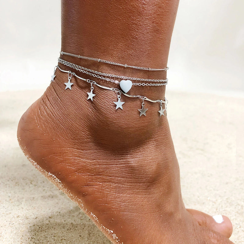 4 Pcs Stainless Steel Heart Star Charm Anklet Set, Beach Jewelry