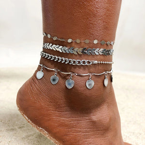 4 Pcs Stainless Steel Heart Star Charm Anklet Set, Beach Jewelry