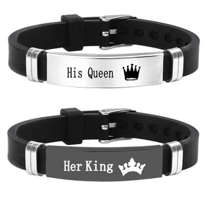 His Queen/Her King Silicone Couple Bracelet Stainless Steel Unisex Bangle