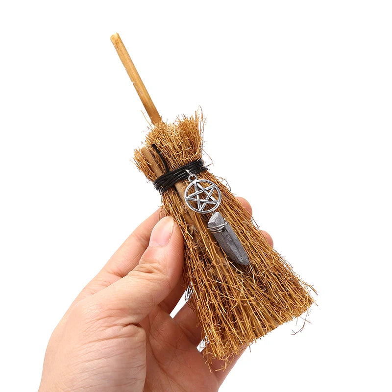 Mini Witch Broom - Dust Removal Broom Wicca Celtic Pentagram Raw Crystal