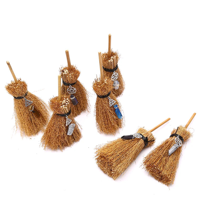 Mini Witch Broom - Dust Removal Broom Wicca Celtic Pentagram Raw Crystal