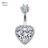 Sterling Silver Crystal Heart Belly Bar Navel Piercing Jewelry