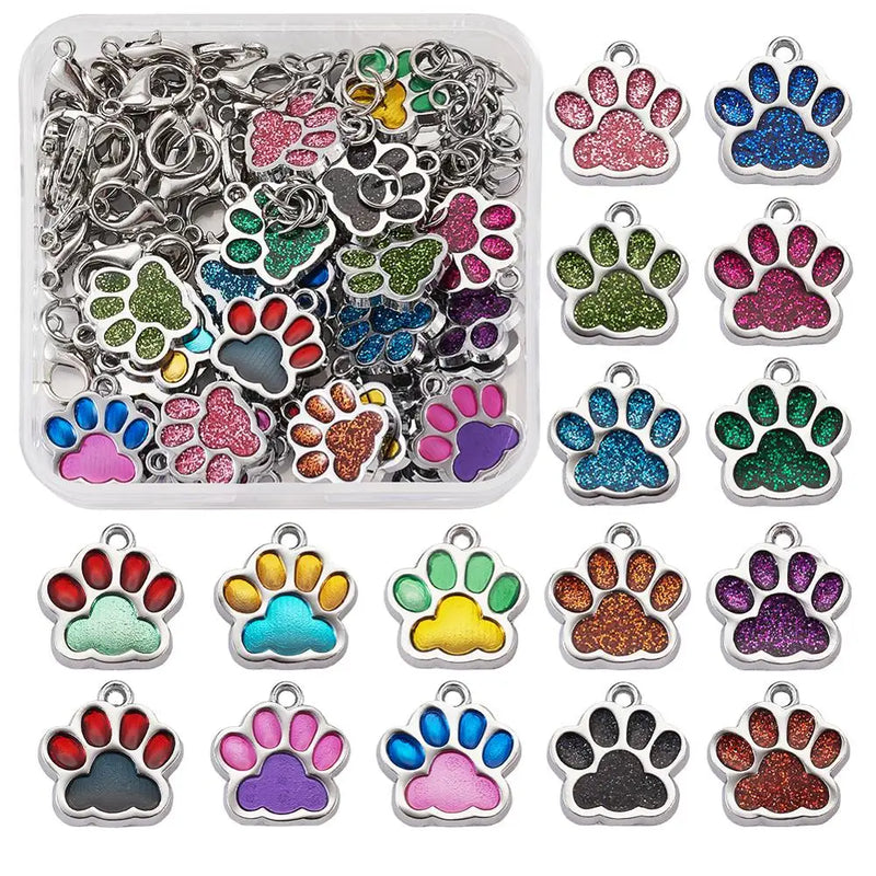Dog Paw Alloy Charms with Glitter Powder for Jewelry Making