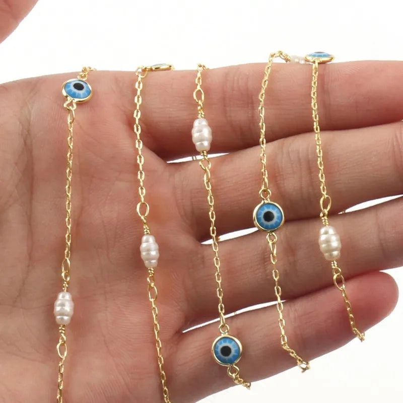 Evil Eye Chain Pearl Beaded Necklace Brass Enamel Chain DIY Jewelry Making