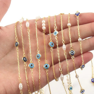 Evil Eye Chain Pearl Beaded Necklace Brass Enamel Chain DIY Jewelry Making