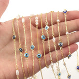 Evil Eye Chain Pearl Beaded Necklace Brass Enamel Chain DIY Jewelry Making