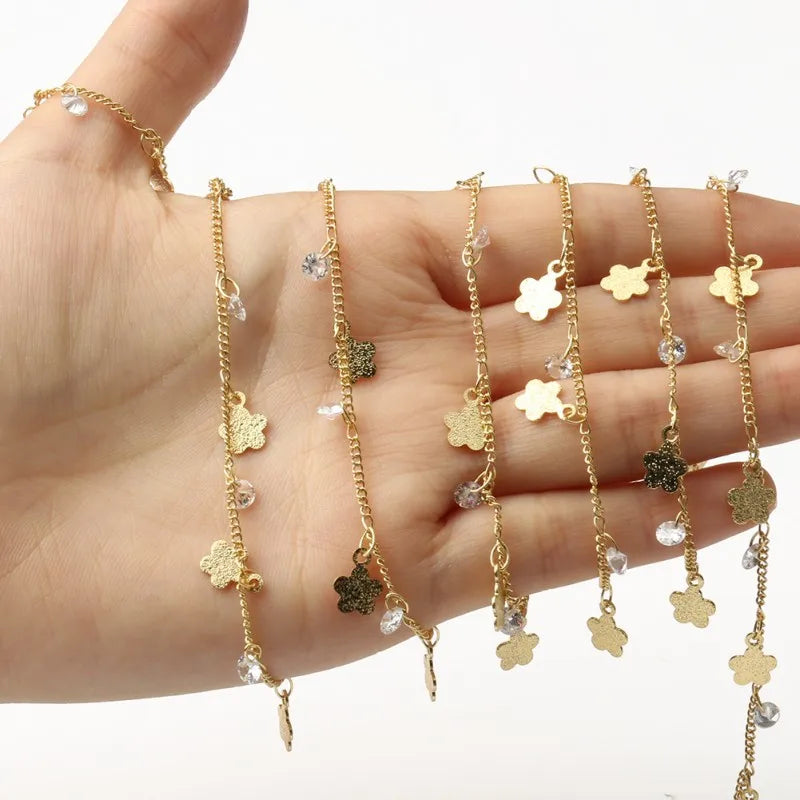 1 Meter Plated Wire Wrapped Rosary Chain Flower Leaves Zircon Chains