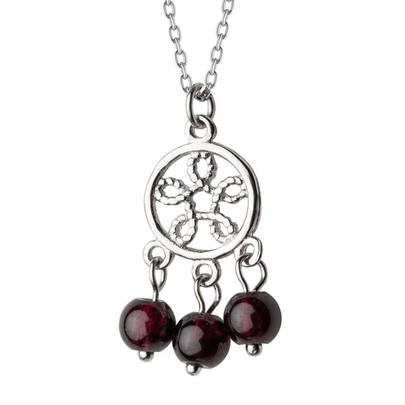 925 Sterling Silver Pendant Necklace Women Tassel Garnet Dream Catcher Crystal