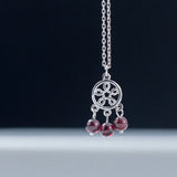 925 Sterling Silver Pendant Necklace Women Tassel Garnet Dream Catcher Crystal