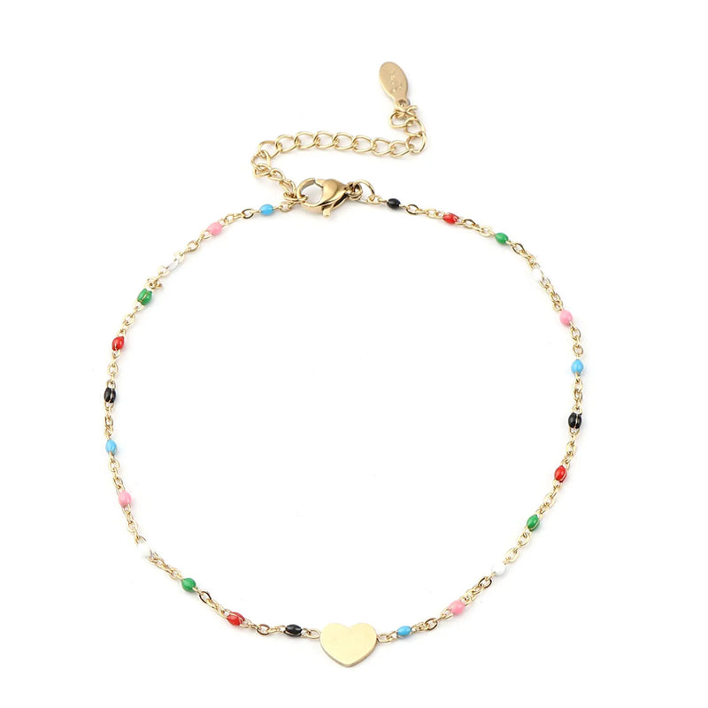 Heart Enamel Multicolor Anklet Stainless Steel 23cm
