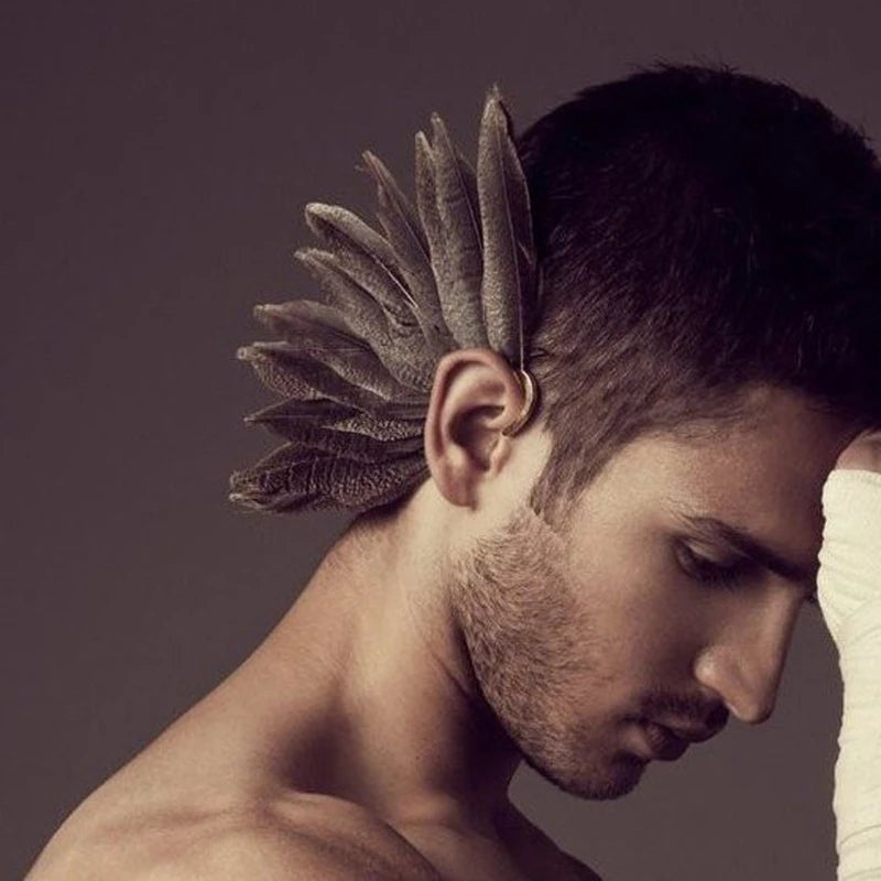 Unisex Gray Feather Earring Cuff Non Piercing Ear Clip