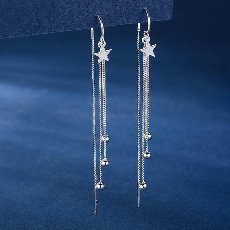 925 Silver Zircon Star Tassel Drop Earrings for Women, Girls