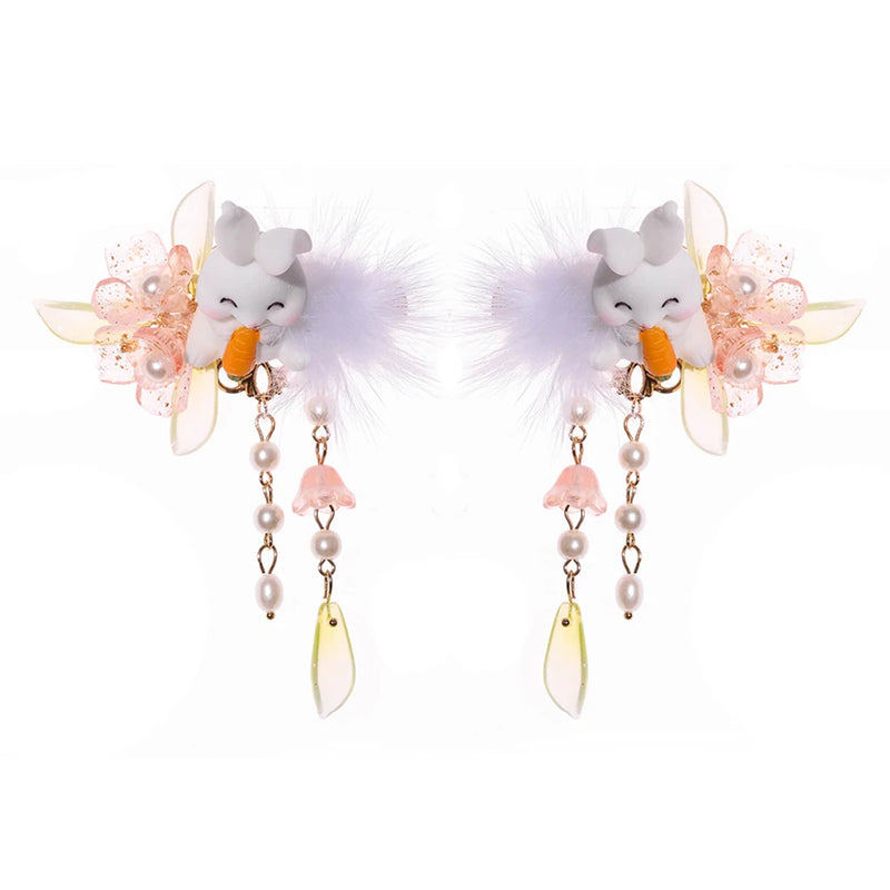 Chinese Hanfu Headdress Floral Spring Side Pin with Dangle Alloy Hair Decor