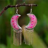 Ethnic Retro Silver Moon Hand-Embroidered Earrings