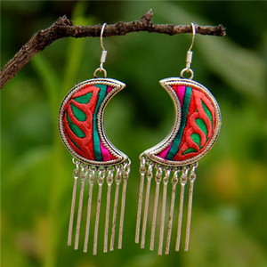 Ethnic Retro Silver Moon Hand-Embroidered Earrings