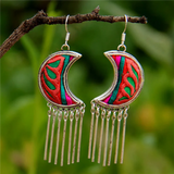 Ethnic Retro Silver Moon Hand-Embroidered Earrings
