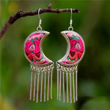 Ethnic Retro Silver Moon Hand-Embroidered Earrings