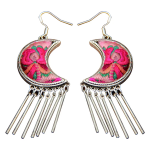 Ethnic Retro Silver Moon Hand-Embroidered Earrings