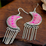 Ethnic Retro Silver Moon Hand-Embroidered Earrings