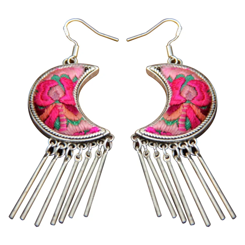 Ethnic Retro Silver Moon Hand-Embroidered Earrings