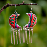 Ethnic Retro Silver Moon Hand-Embroidered Earrings