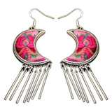 Ethnic Retro Silver Moon Hand-Embroidered Earrings
