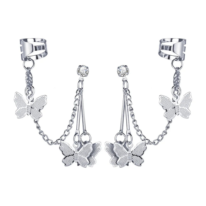Stainless Steel Butterfly Clip Earrings Hook Double Pierced Women Girls Jewelry