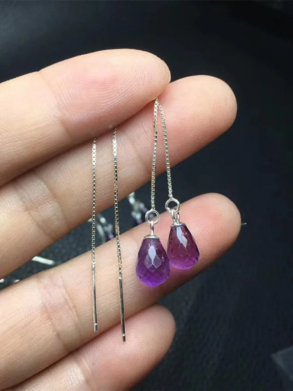 Amethyst Water Drop Earrings 925 Sterling Silver Crystal Reiki Healing Stone