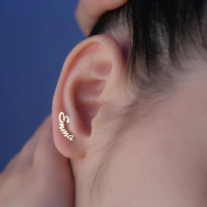 Custom Name Earrings - Personalized Initial Cursive Nameplate Stud Ear