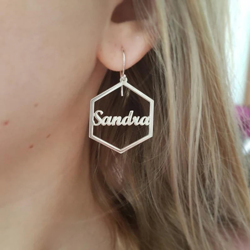 Hexagon Name Earrings Stainless Steel Initials Cursive Nameplate