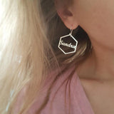 Hexagon Name Earrings Stainless Steel Initials Cursive Nameplate