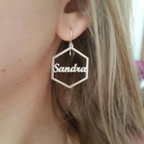 Hexagon Name Earrings Stainless Steel Initials Cursive Nameplate