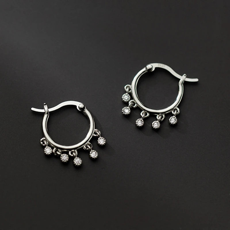 925 Silver Tassel Zircon Hoop Earrings Women Fine Jewelry