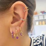 Romantic Purple Enamel Hoop Earrings Moon Star Aretes Wedding