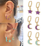 Romantic Purple Enamel Hoop Earrings Moon Star Aretes Wedding